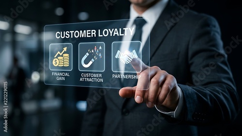Professional businessman touching futuristic digital interface screen displaying customer loyalty concepts in modern office