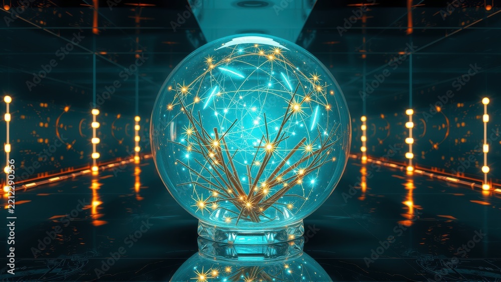 Fototapeta premium Glowing sphere contains complex network. Futuristic tunnel extends into darkness. Bright lights illuminate polished floor. Digital concept.