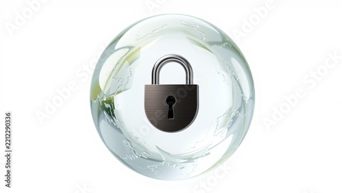 Globe encased within transparent sphere. Lock symbol visible inside, suggesting data security, global protection concepts.