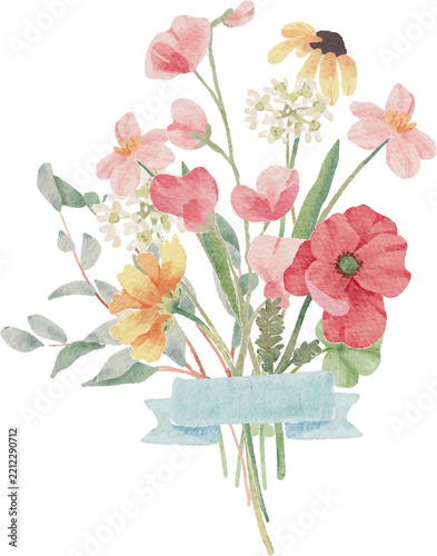 watercolor tiny wild flower botanical bouquet wreath frame with ribbon