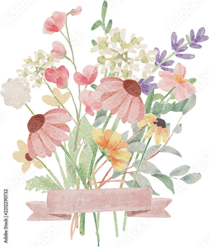 watercolor tiny wild flower botanical bouquet wreath frame with ribbon