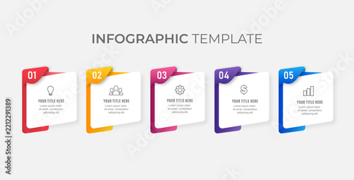 Colorful 5 options 3D folded ribbon card step by step process flowchart diagram vector graphic
