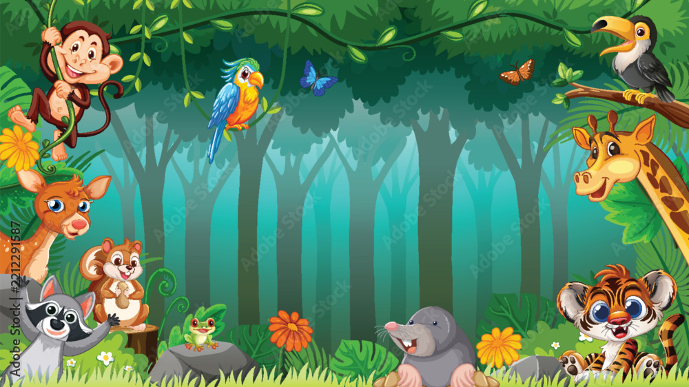 Fototapeta premium Cartoon Jungle Animal Frame with Monkey Tiger Giraffe and Forest Copy Space
