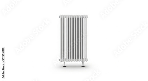 Modern white steel radiator standing isolated on plain background featuring sleek vertical columns and metallic connections for efficient home heating