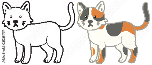 Cute Calico Cat Cartoon Vector Illustration and Coloring Outline