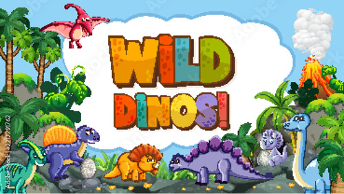 Cartoon Dinosaurs in Prehistoric Jungle Landscape with Volcano