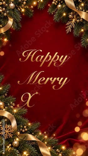 Vertical Red and Gold Christmas Greeting Card with Sparkling Lights