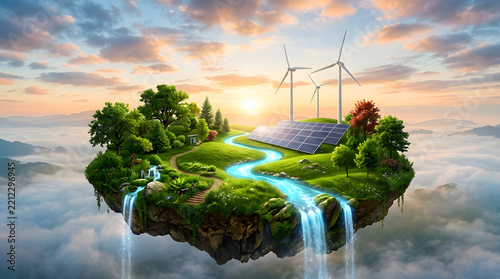 AI generated floating green island with solar panels wind turbines and waterfall