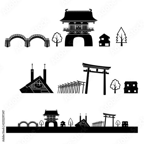 山口県の観光名所シルエットイラストセット（錦帯橋・元乃隅神社・功山寺・サビエル記念聖堂・街並み）