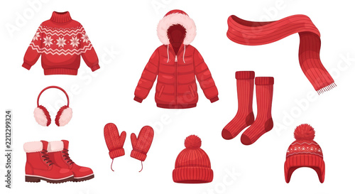Red winter clothing set, 9 seasonal apparel items for cold weather, cozy knitted sweater and puffer jacket, warm accessories with boots and mittens