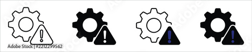 Technical warning icon, flat black outline symbol for equipment alerts, system errors, maintenance, safety hazards, and industrial troubleshooting vector illustration