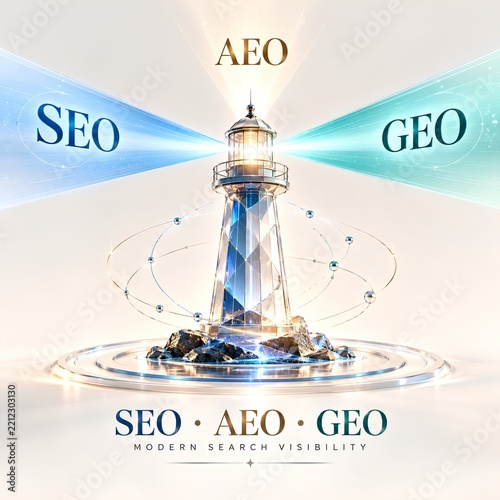 Lighthouse Representing SEO AEO and GEO for Modern Search Visibility