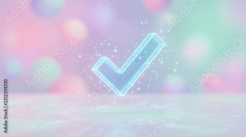 Blue glowing checkmark over pastel bokeh background