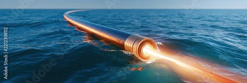 Panel kuchenny z motywem Underwater cable emerging from ocean surface with glowing light beam, abstract industrial concept with blue water and golden reflections