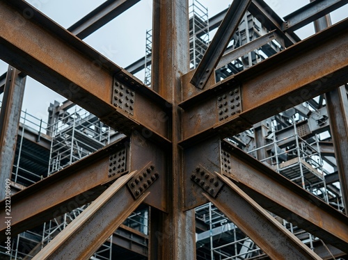 Rusted steel beams framework under construction scaffolding