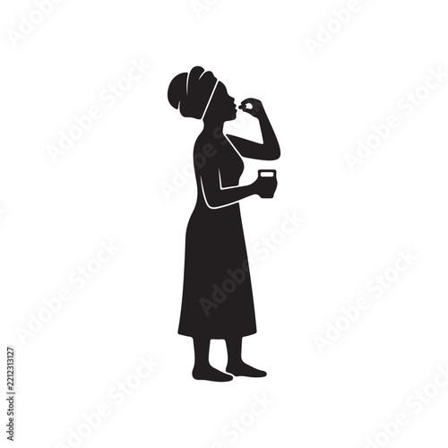 African woman taking medicine  silhouette icon vector flat design on white background