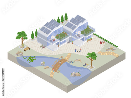 Isometric modern eco houses with solar panels, pond and bridge