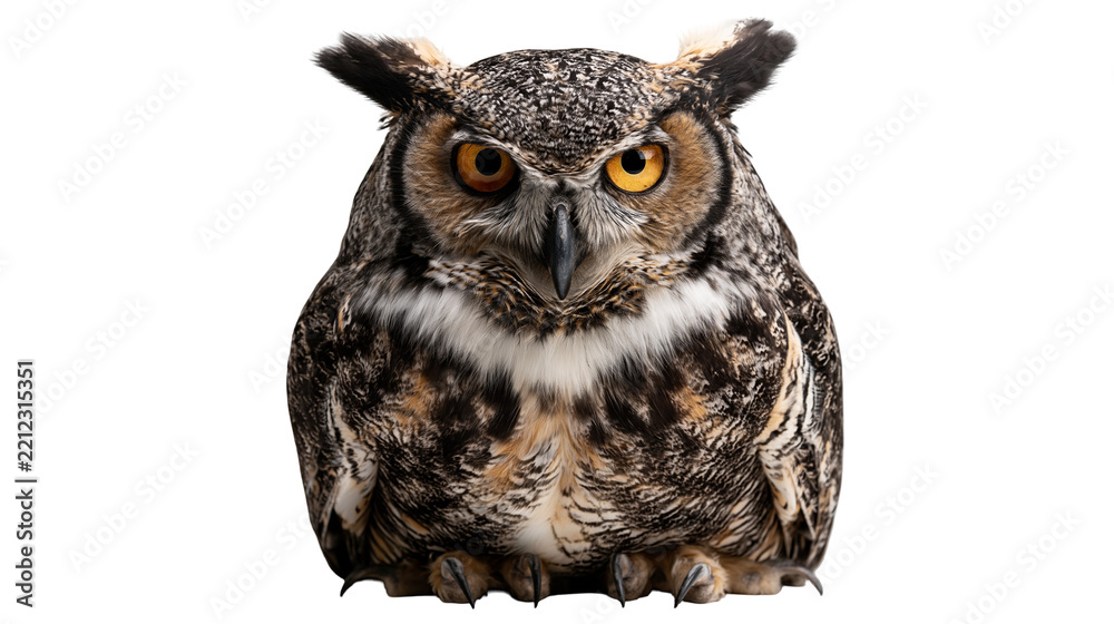 Obraz premium Great horned owl with intense yellow eyes and detailed brown and grey plumage