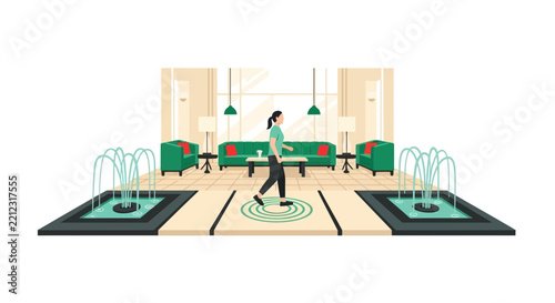Modern Hotel Lobby Illustration with Woman Walking and Fountains