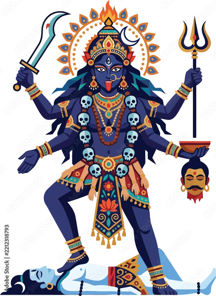 Obraz premium Goddess kali standing on lord shiva with weapons and skull garland illustration