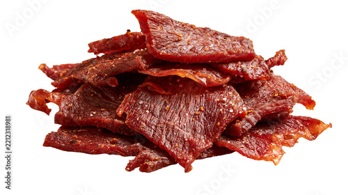 Obraz na plátně Stack of seasoned beef jerky slices with visible spice and salt particles