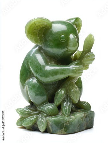 Small Carved Green Jade Koala Figurine Holding Eucalpytus Leaves Isolated On Plain White Background