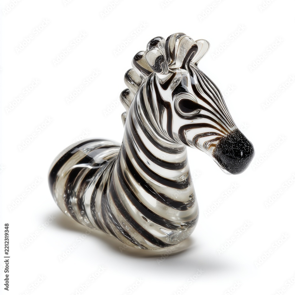Obraz premium Small Decorative Clear Glass Zebra Figurine With Black Striped Patterns Isolated On White Background