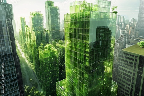 Innovative green city features entire buildings constructed from living trees and plants in a sustainable environment
