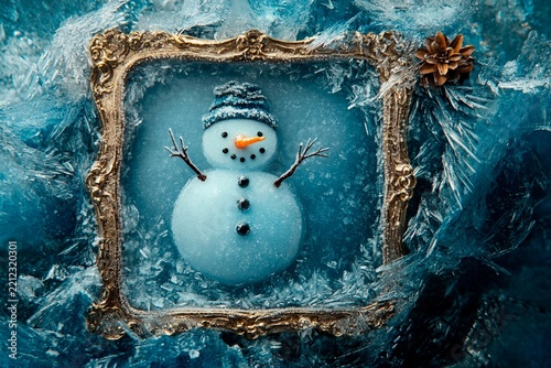 Frozen-over snowman with glistening surface surrounded by icy frost in winter landscape