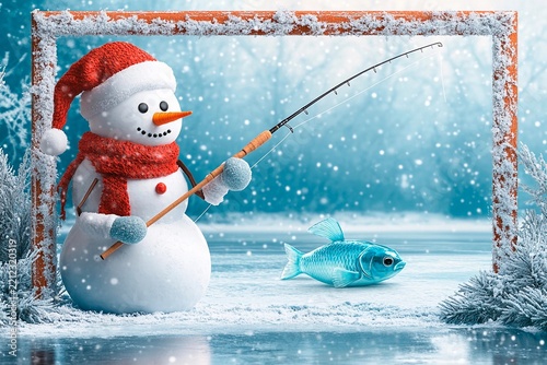 Snowman with fishing pole sits on snowy bank by frozen lake waiting for bite during winter day