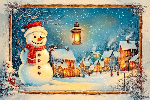 Cheerful snowman stands in snowy village during winter night with glowing lanterns illuminating the scene