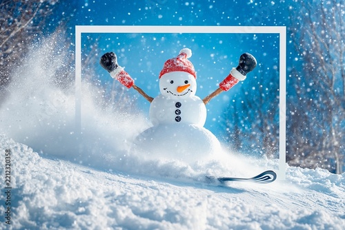 Snowman enjoys skiing down a snowy hill with arms raised in joy on a bright winter day