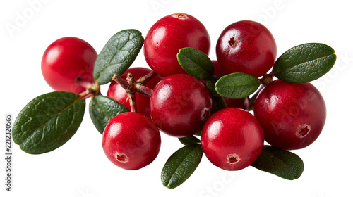 Fresh ripe red cranberries with green leaves on a stem