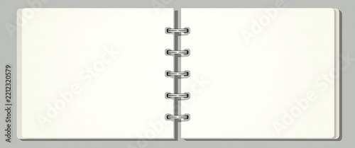 Blank open notebook with white pages and silver spiral binding for notes and planning.