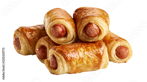 Obraz na plátně Golden brown flaky puff pastry rolls filled with savory pork sausage links