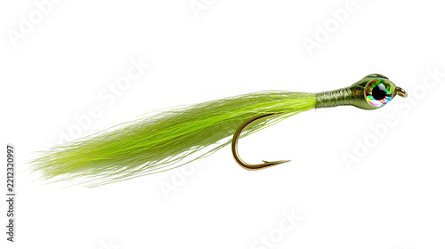 Chartreuse bucktail jig fishing lure with large holographic eye and sharp hook