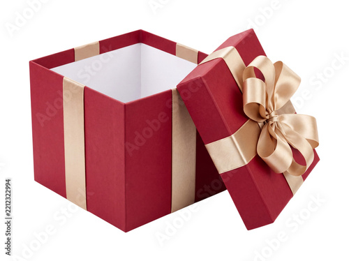 Red gift box with gold ribbon isolated on transparent background