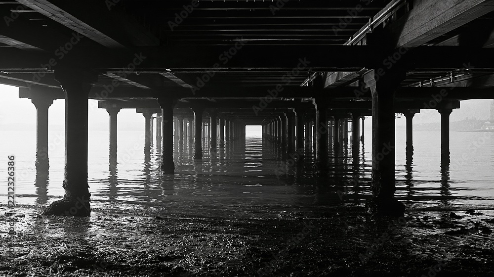 Fototapeta premium Underneath a wooden pier with water reflecting light, creating a symmetrical perspective
