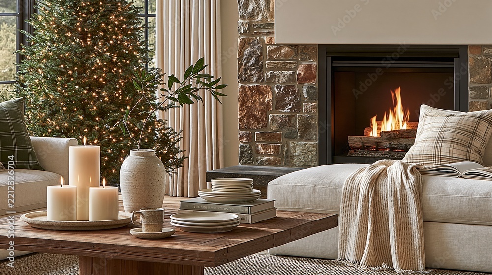 Obraz premium Cozy Living Room with Lit Fireplace, Christmas Tree, and Warm Candles on Coffee Table