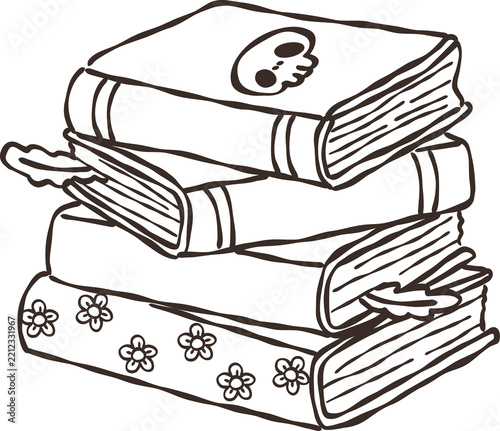 Stack of Magic Spell Books Witchy Study Halloween. Cartoon Doodle Outline Hand Drawn