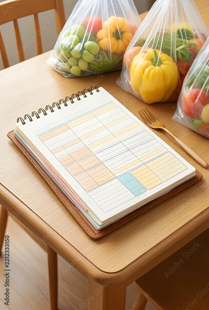 Fototapeta premium Meal planning and healthy nutrition, weekly food schedule with fresh vegetables in plastic bags on a wooden kitchen table for grocery shopping management