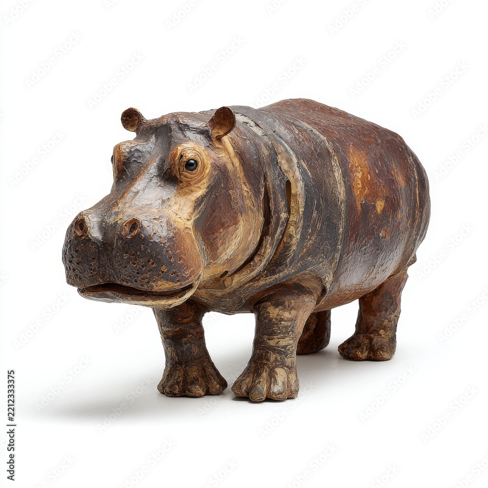 Fototapeta premium Textured Brown Hippopotamus Figurine Isolated On A Bright White Background Studio Shot