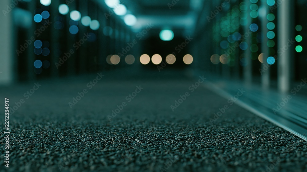 Fototapeta premium Dark Hallway with Bokeh Lights, Modern Architecture, and Blurred Background