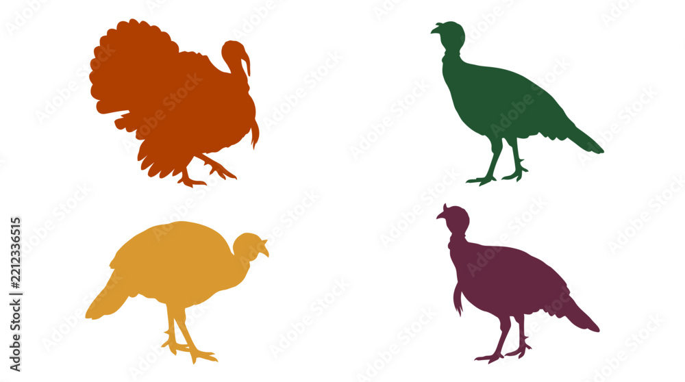Fototapeta premium Thanksgiving turkey silhouette vector set, autumn colors, minimal design for holiday cards