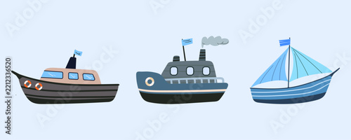 Collection of Cute Illustrated Ships in Colorful Designs on a Soft Blue Background
