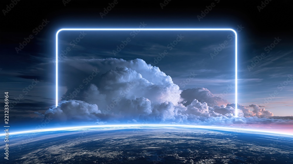 Fototapeta premium Surreal glowing neon frame hovering over stormy planet Earth with dramatic clouds and twilight sky