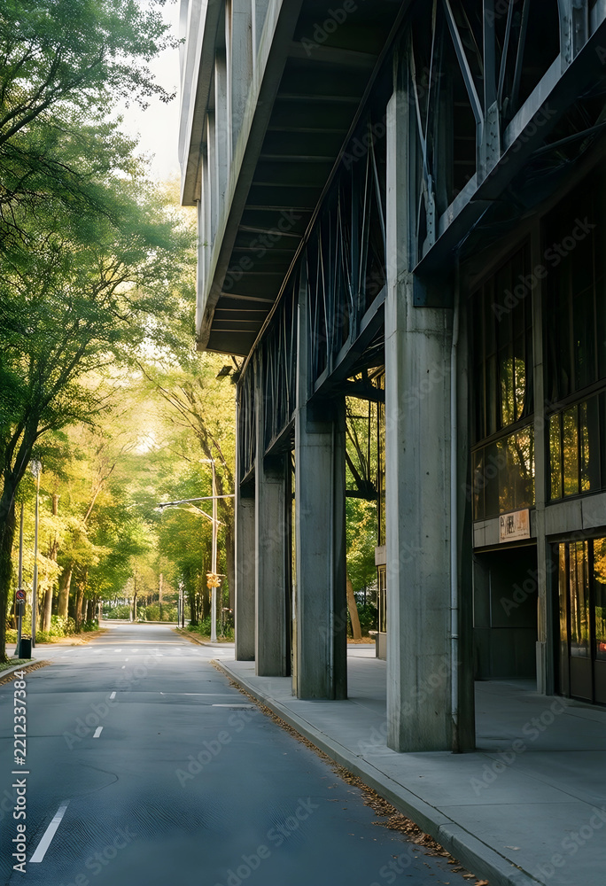 Fototapeta premium Urban infrastructure and city development, modern concrete building exterior with steel beams along a quiet street with autumn trees in the morning light