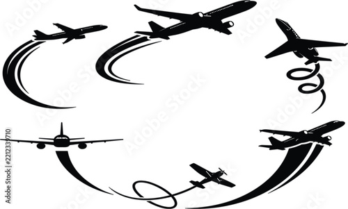 Airplane Silhouette Icon Set with Jet Smoke Trails for Aviation Logos Travel Concepts Flight Tracking and Graphic Design Elements
