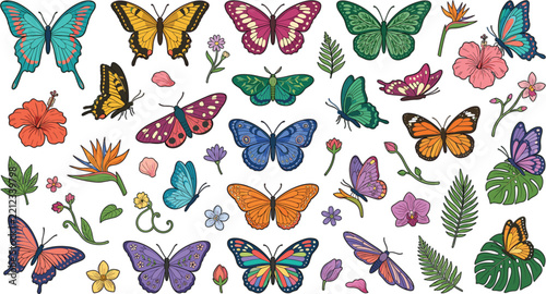 Tropical Butterfly Vector Illustration Set with Colorful Hibiscus Orchid Exotic Flowers and Jungle Palm Leaves for Botanical Graphic Designs