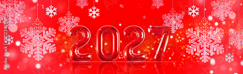 banner, red inflatable balloons shaped as the numbers 2027 on a red background